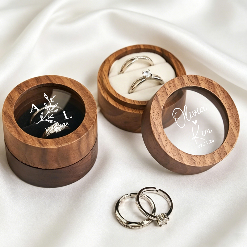 Wood Ring Blank - Gepersonaliseerde trouwringdoos Ronde houten dubbele ringdoos